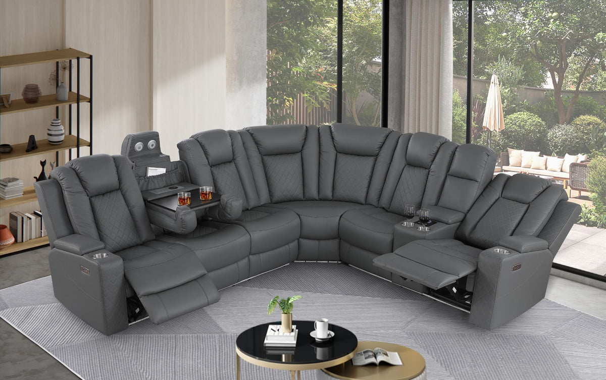 Ollie Faux Home Theater Electric Recliner Sectional – Ergonomic Sofa with USB Charging, Cup Holders, and Surround Sound Speakers
