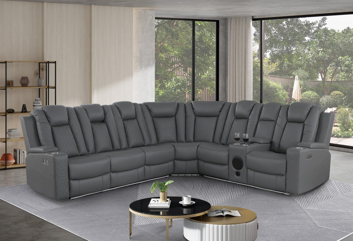 Ollie Faux Home Theater Electric Recliner Sectional – Ergonomic Sofa with USB Charging, Cup Holders, and Surround Sound Speakers