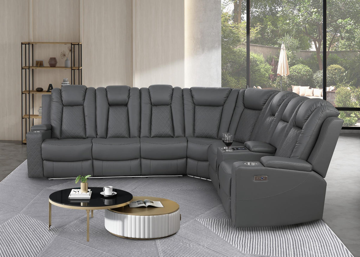 Ollie Faux Home Theater Electric Recliner Sectional – Ergonomic Sofa with USB Charging, Cup Holders, and Surround Sound Speakers