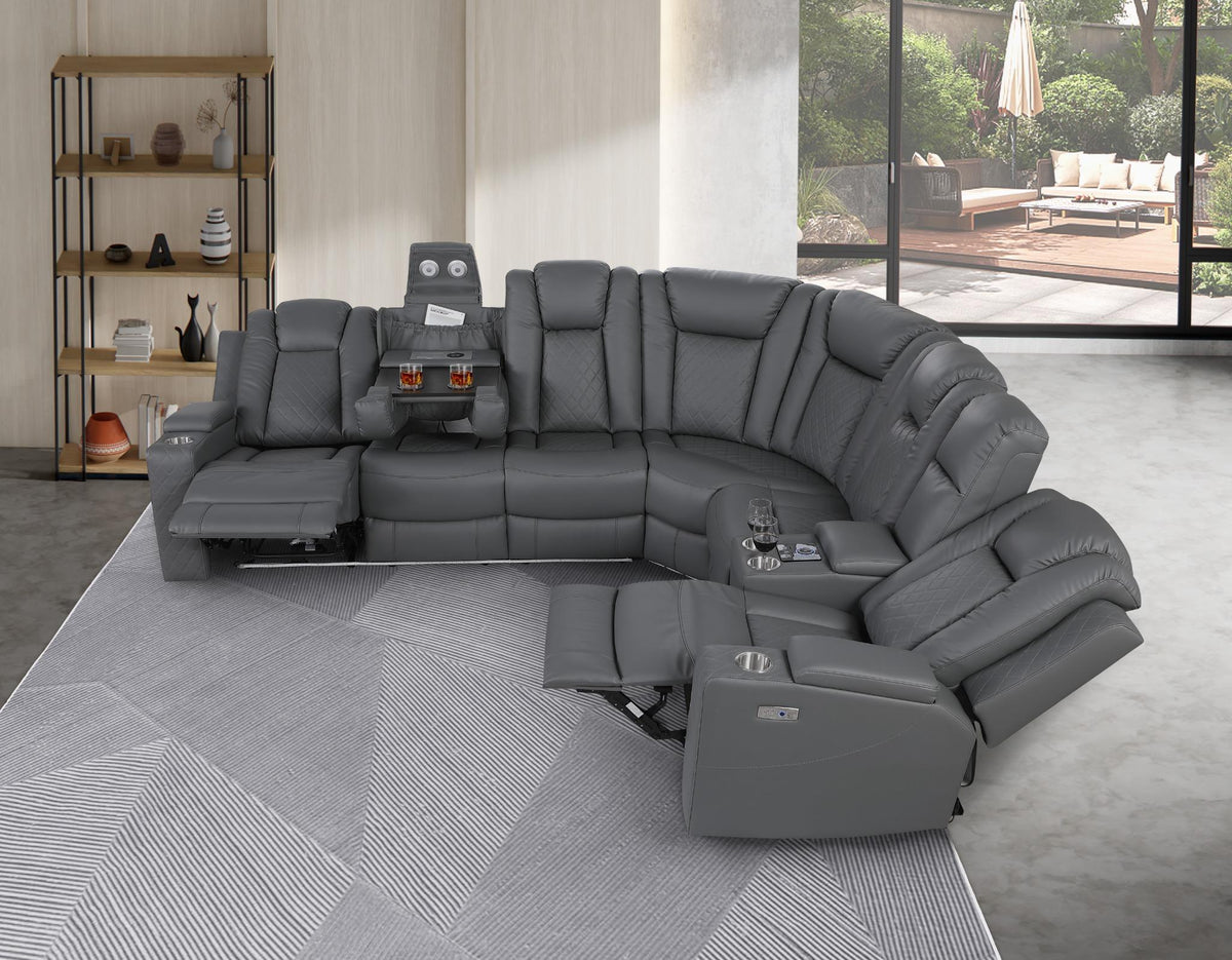 Ollie Faux Home Theater Electric Recliner Sectional – Ergonomic Sofa with USB Charging, Cup Holders, and Surround Sound Speakers