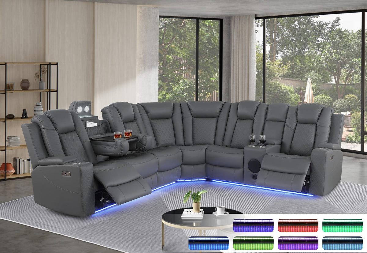 Ollie Faux Home Theater Electric Recliner Sectional – Ergonomic Sofa with USB Charging, Cup Holders, and Surround Sound Speakers