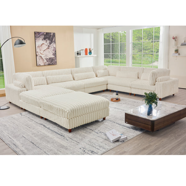 Sally Customizable Corduroy Fabric Sectional Sofa with 2 Ottoman – Modular L-Shaped Couch with Soft Cushions & Easy-Care Covers