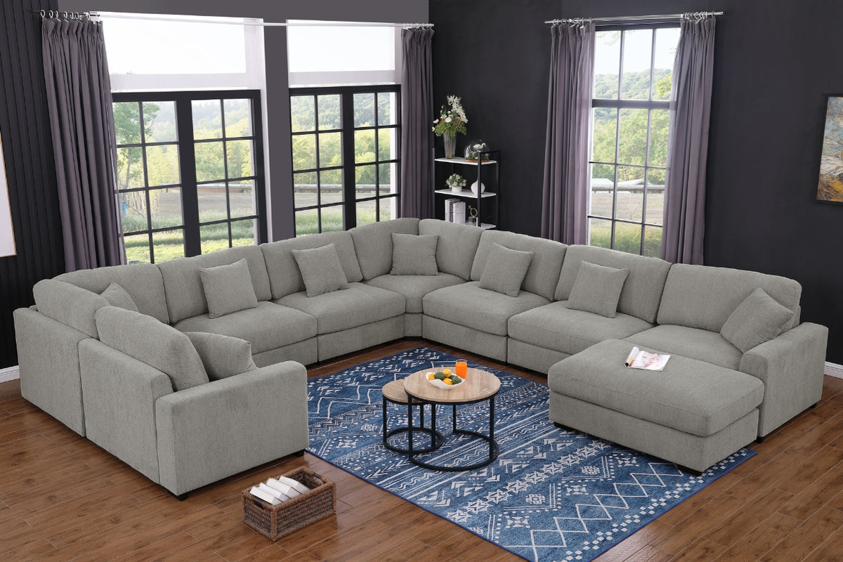 Avery Modular L‑Shape Sectional Sofa Set with Reversible Ottomans – Fabric Cushions, Solid Wood Legs, Removable Covers