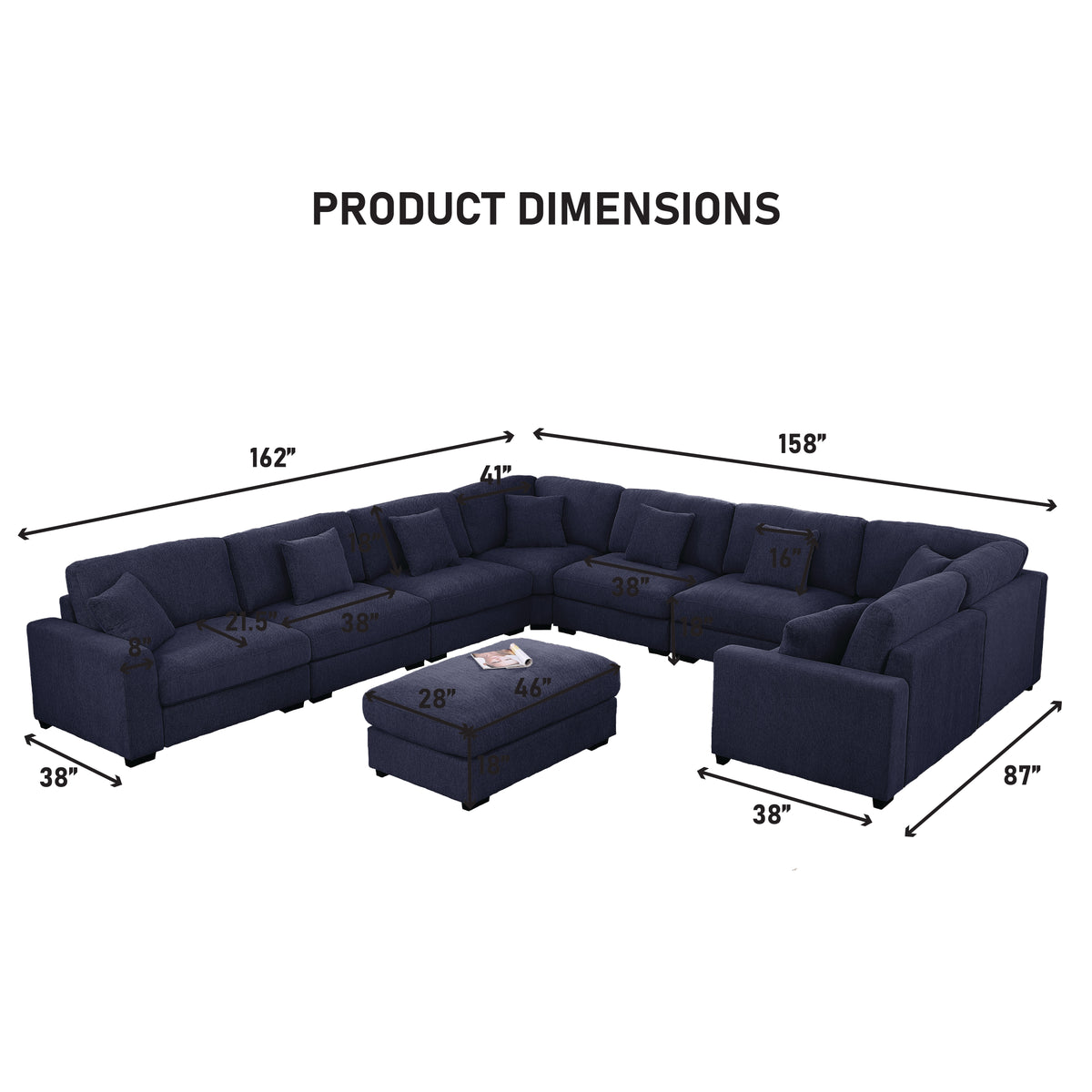 Avery Modular L‑Shape Sectional Sofa Set with Reversible Ottomans – Fabric Cushions, Solid Wood Legs, Removable Covers