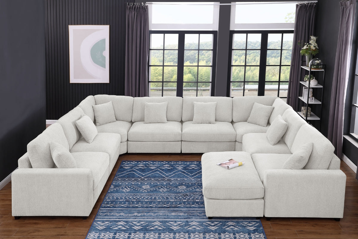 Avery Modular L‑Shape Sectional Sofa Set with Reversible Ottomans – Fabric Cushions, Solid Wood Legs, Removable Covers
