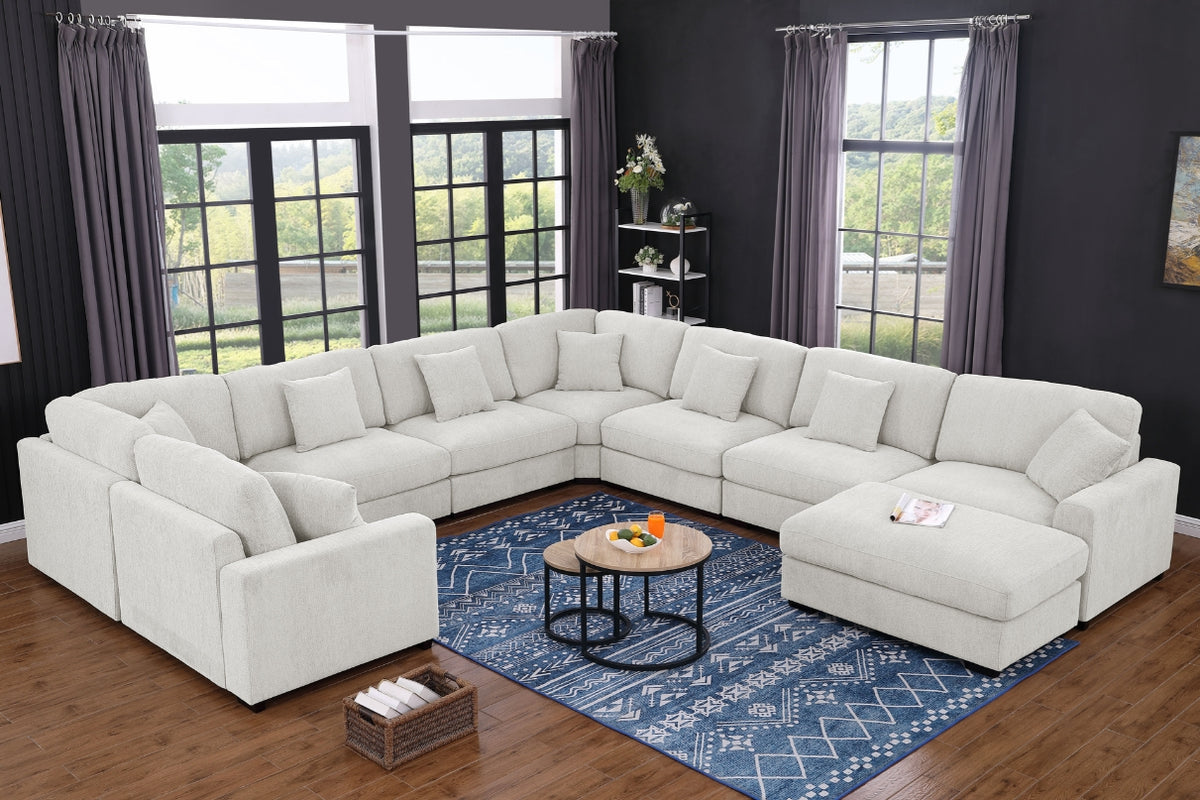 Avery Modular L‑Shape Sectional Sofa Set with Reversible Ottomans – Fabric Cushions, Solid Wood Legs, Removable Covers