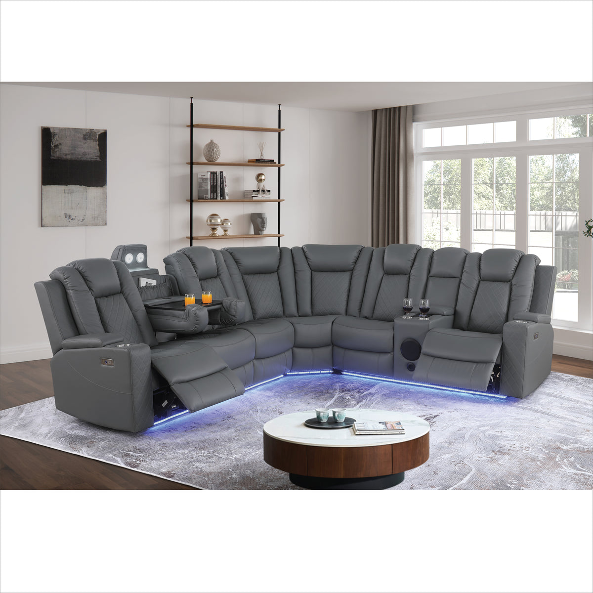 Ollie Faux Home Theater Electric Recliner Sectional – Ergonomic Sofa with USB Charging, Cup Holders, and Surround Sound Speakers