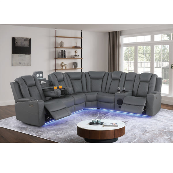 Ollie Faux Home Theater Electric Recliner Sectional – Ergonomic Sofa with USB Charging, Cup Holders, and Surround Sound Speakers