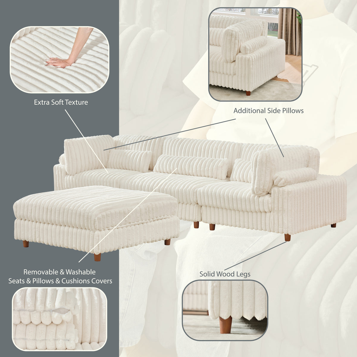 Sally Modular Corduroy Sectional Sofa with Ottoman – Plush L-Shaped Couch with Removable Covers & Flexible Seating Configuration