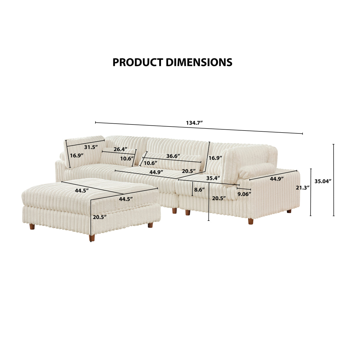 Sally Modular Corduroy Sectional Sofa with Ottoman – Plush L-Shaped Couch with Removable Covers & Flexible Seating Configuration