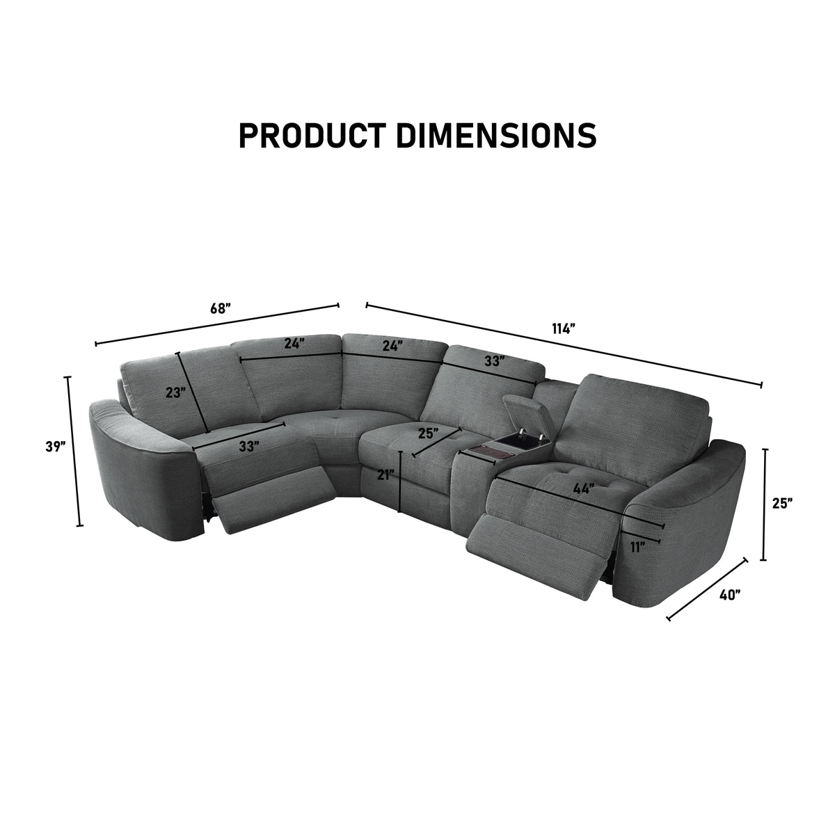 Devine Power Reclining Sectional Sofa with Wireless Charger, USB Ports, Cup Holders & Storage – Modern Plush Upholstered Couch