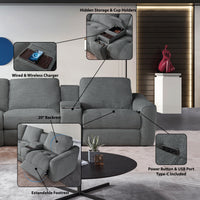 Devine Power Recliner Sectional Sofa with Storage Console, Wireless & USB Charging – Polyester Blend Reclining Couch with Cup Holders