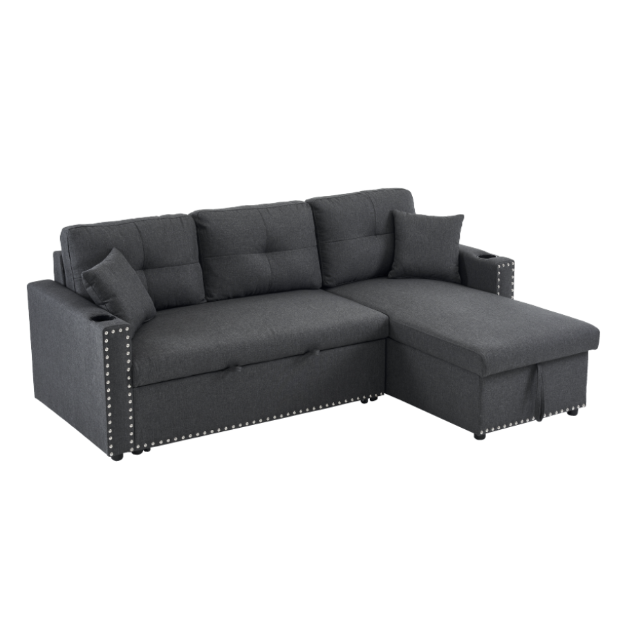 Elise Convertible Sectional Sofa Bed with Storage Chaise – Pull-Out Sleeper Couch with Cupholder, Decorative Rivets & Plush Cushions