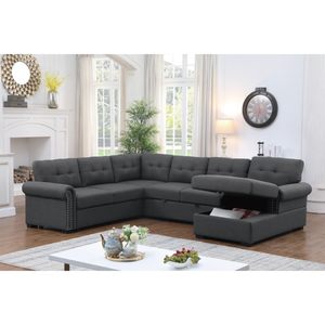 Monroe Sectional Sofa with Pull-Out Bed & Storage Chaise – 6-Seat Charcoal Couch with Plush Cushions, Solid Wood Frame & Soft Upholstery