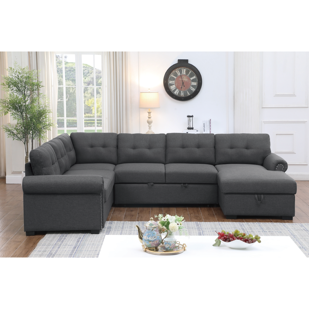 Monroe Sectional Sofa with Pull-Out Bed & Storage Chaise – 6-Seat Charcoal Couch with Plush Cushions, Solid Wood Frame & Soft Upholstery