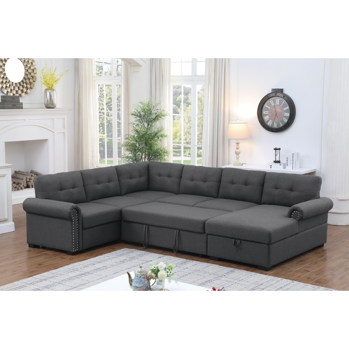 Monroe Sectional Sofa with Pull-Out Bed & Storage Chaise – 6-Seat Charcoal Couch with Plush Cushions, Solid Wood Frame & Soft Upholstery