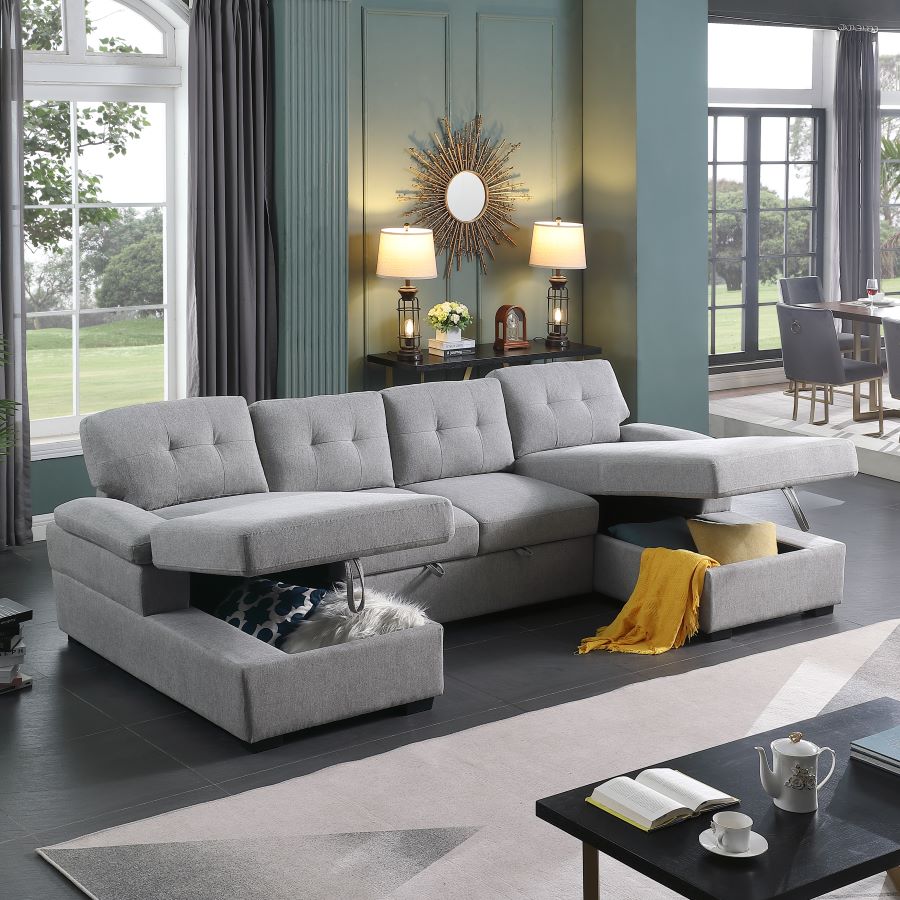 Allan Modular Sleeper Sectional Sofa with Pull-Out Bed – Convertible Couch with Dual Storage Chaises, High-Resiliency Foam