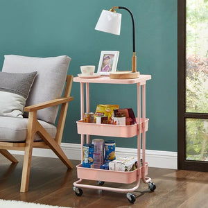 White 2-Tier Rolling Utility Cart with Mesh Storage & Tabletop – Compact Organizer with Wheels for Home & Office