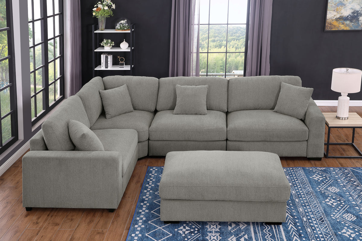 Avery Modular Sectional Sofa Set with Ottoman – Customizable Layout with Deep Foam Seating, Tailored Stitching & Rustic Wood Base