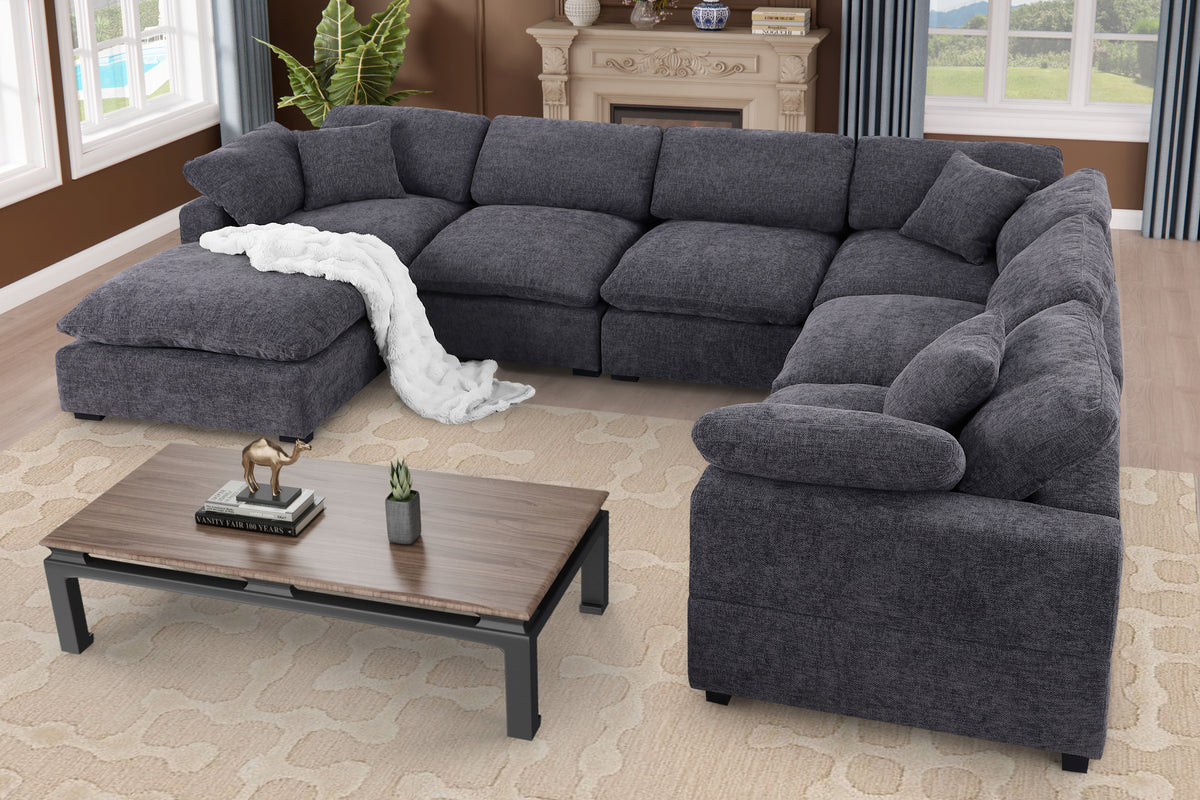 Cassie Oversized 7-Piece Modular Sectional Sofa with Extra-Large Ottomans – Chenille Upholstery, Deep Cushions & Pine Wood Frame