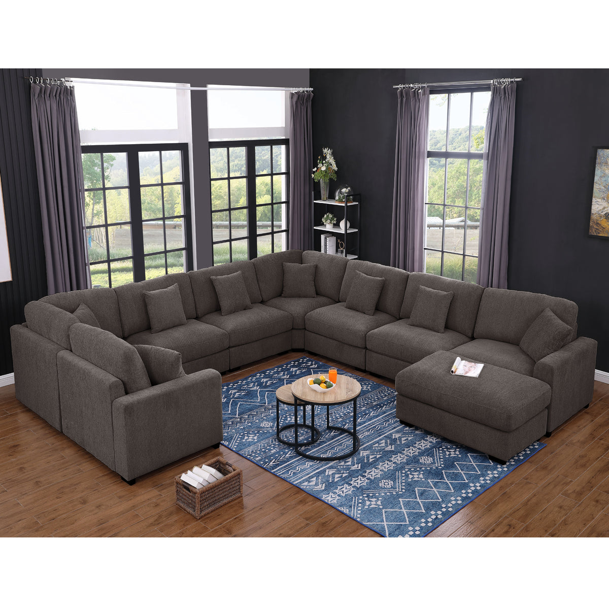 Avery Modular L‑Shape Sectional Sofa Set with Reversible Ottomans – Fabric Cushions, Solid Wood Legs, Removable Covers