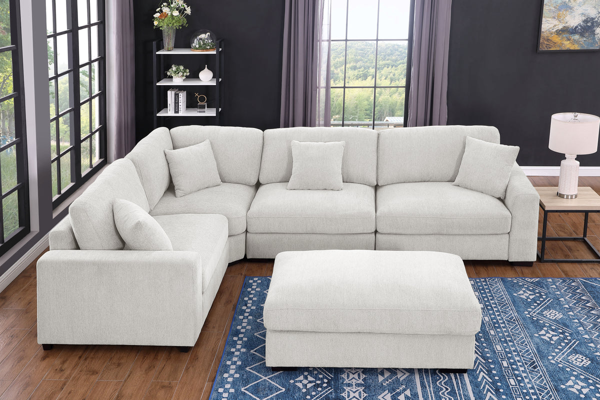 Avery Modular Sectional Sofa Set with Ottoman – Customizable Layout with Deep Foam Seating, Tailored Stitching & Rustic Wood Base
