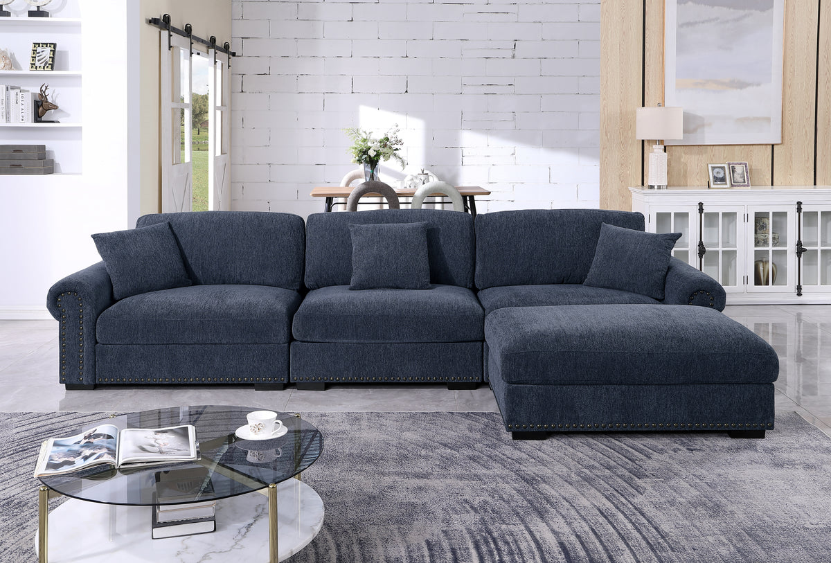 Oliver Modular Sectional Sofa with Nailhead Trim, Reversible Ottoman & Armless Chair – High-Density Foam Cushions & Pocket Spring Support