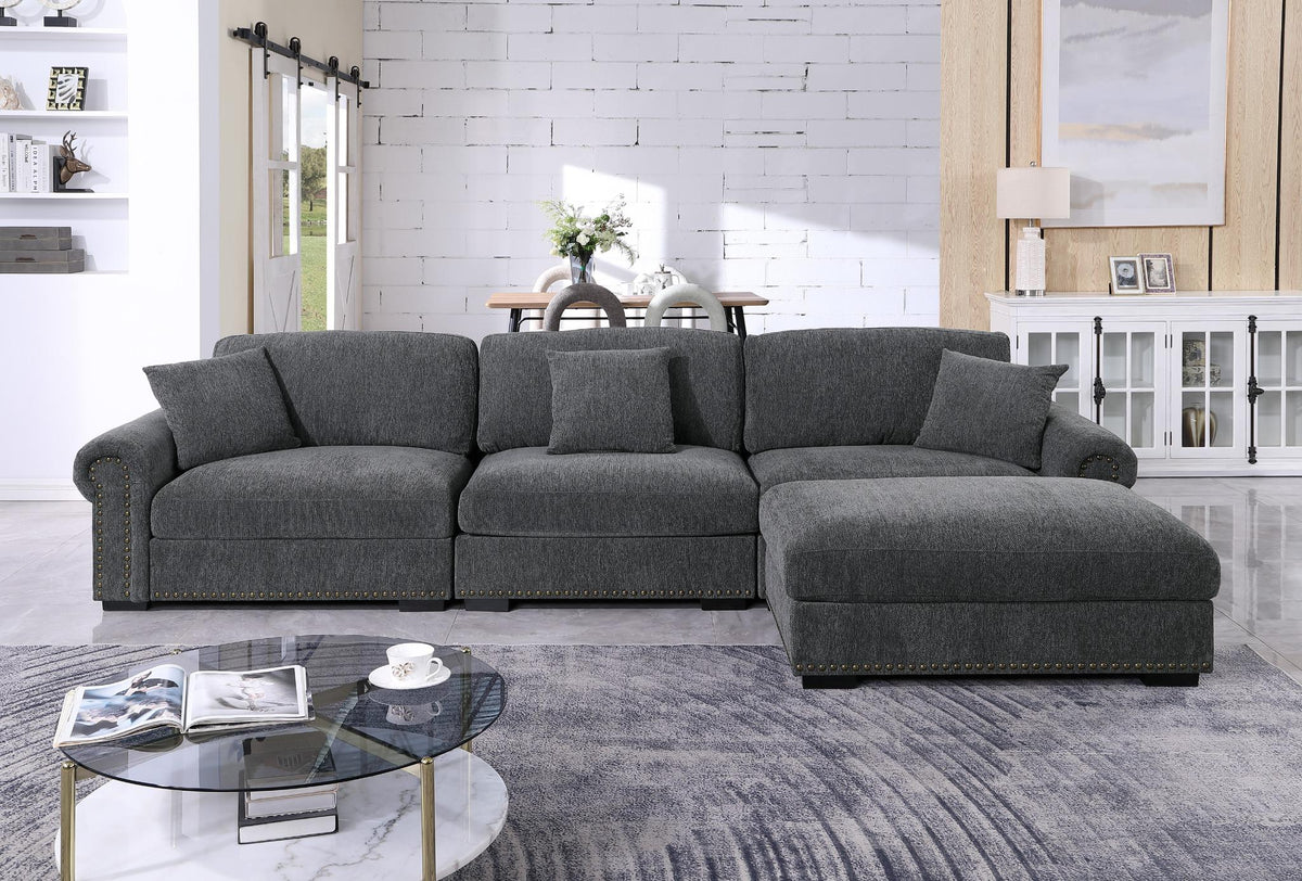 Oliver Modular Sectional Sofa with Nailhead Trim, Reversible Ottoman & Armless Chair – High-Density Foam Cushions & Pocket Spring Support