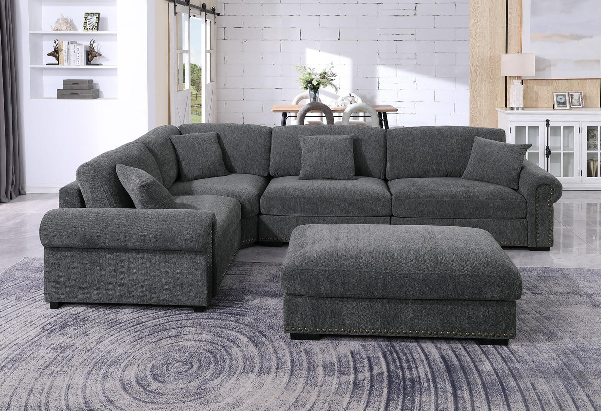 Oliver Modular Fabric Sectional Sofa with Nail head Trim, Reversible Ottoman & Armless Chair & Custom Layout Design