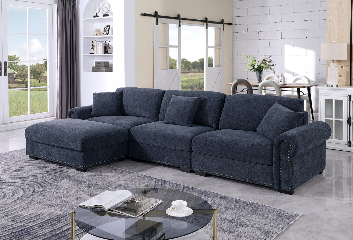 Oliver Modular Sectional Sofa with Nailhead Trim, Reversible Ottoman & Armless Chair – High-Density Foam Cushions & Pocket Spring Support