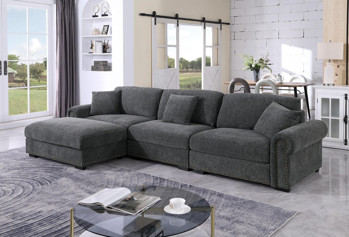 Oliver Modular Sectional Sofa with Nailhead Trim, Reversible Ottoman & Armless Chair – High-Density Foam Cushions & Pocket Spring Support