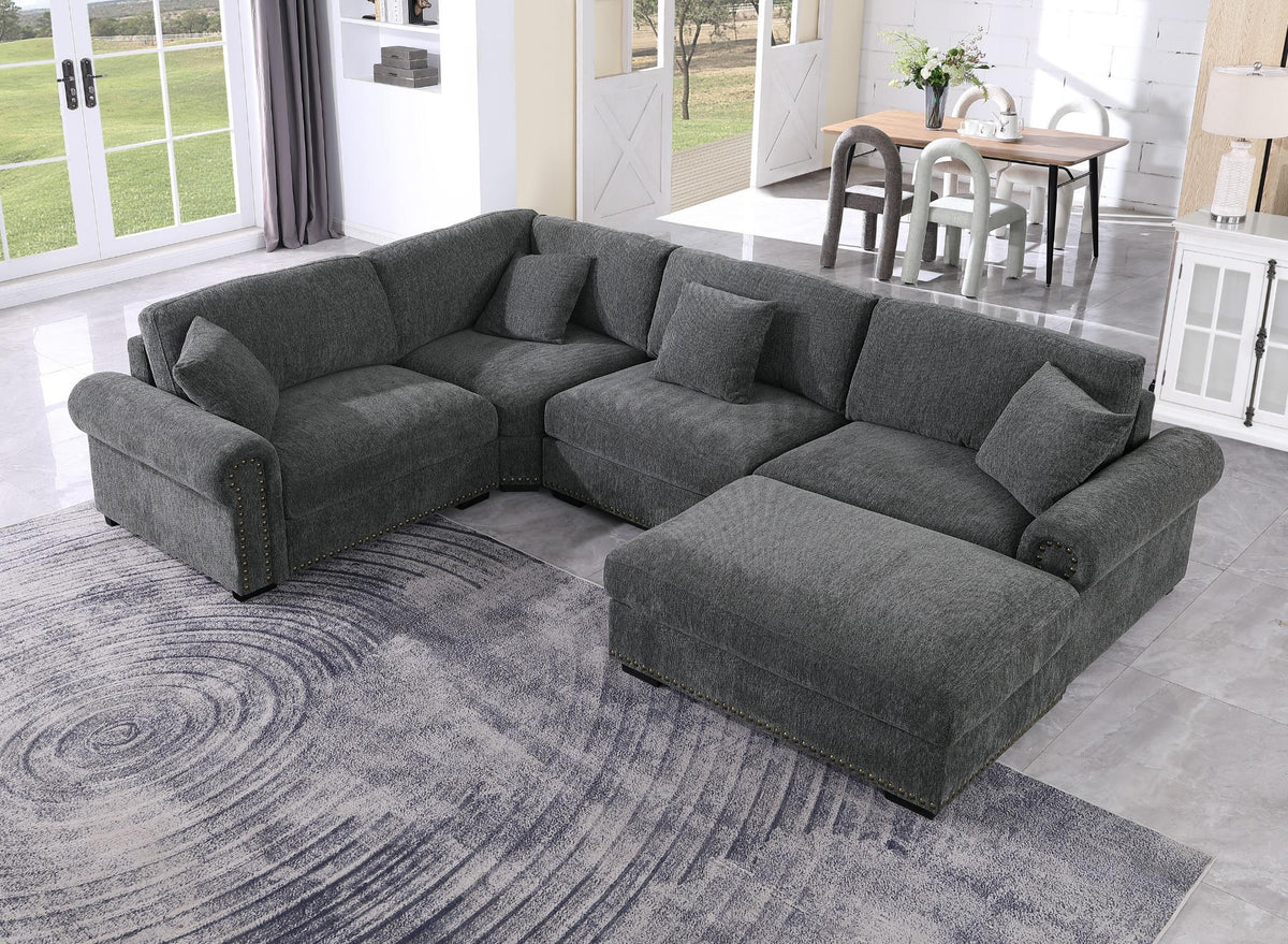 Oliver Modular Fabric Sectional Sofa with Nail head Trim, Reversible Ottoman & Armless Chair & Custom Layout Design