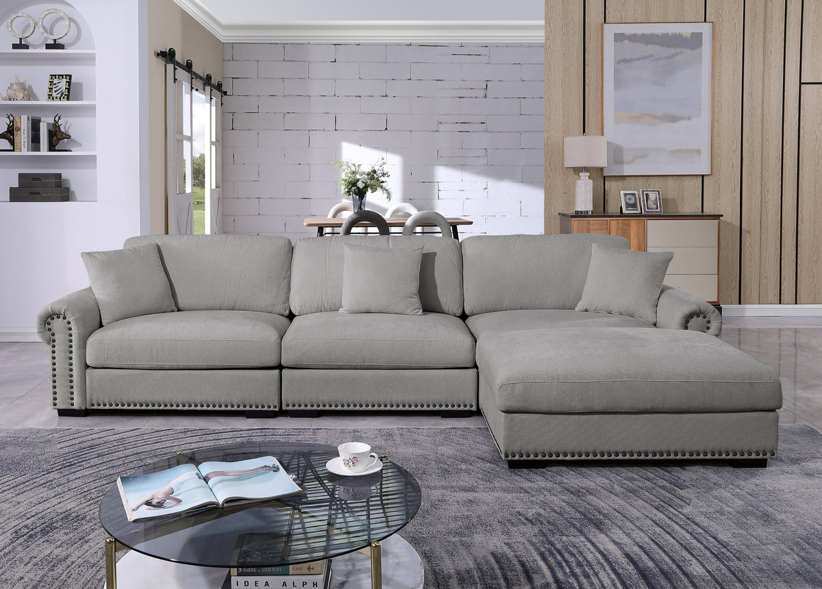 Oliver Modular Sectional Sofa with Nailhead Trim, Reversible Ottoman & Armless Chair – High-Density Foam Cushions & Pocket Spring Support