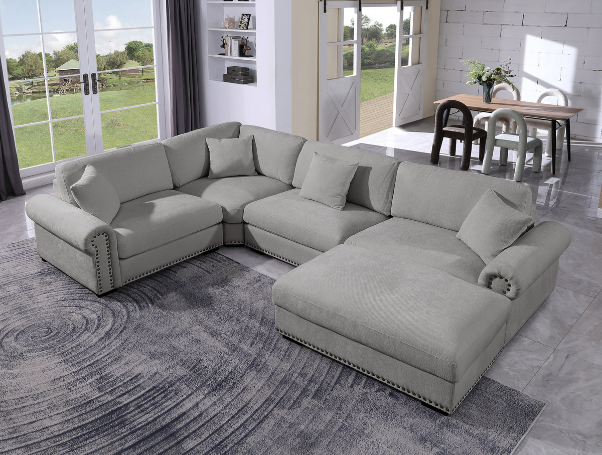 Oliver Modular Fabric Sectional Sofa with Nail head Trim, Reversible Ottoman & Armless Chair & Custom Layout Design