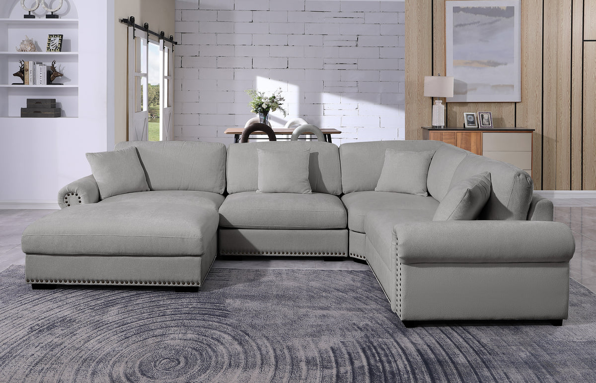 Oliver Modular Fabric Sectional Sofa with Nail head Trim, Reversible Ottoman & Armless Chair & Custom Layout Design