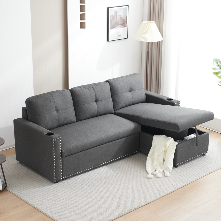 Elise Convertible Sectional Sofa Bed with Storage Chaise – Pull-Out Sleeper Couch with Cupholder, Decorative Rivets & Plush Cushions