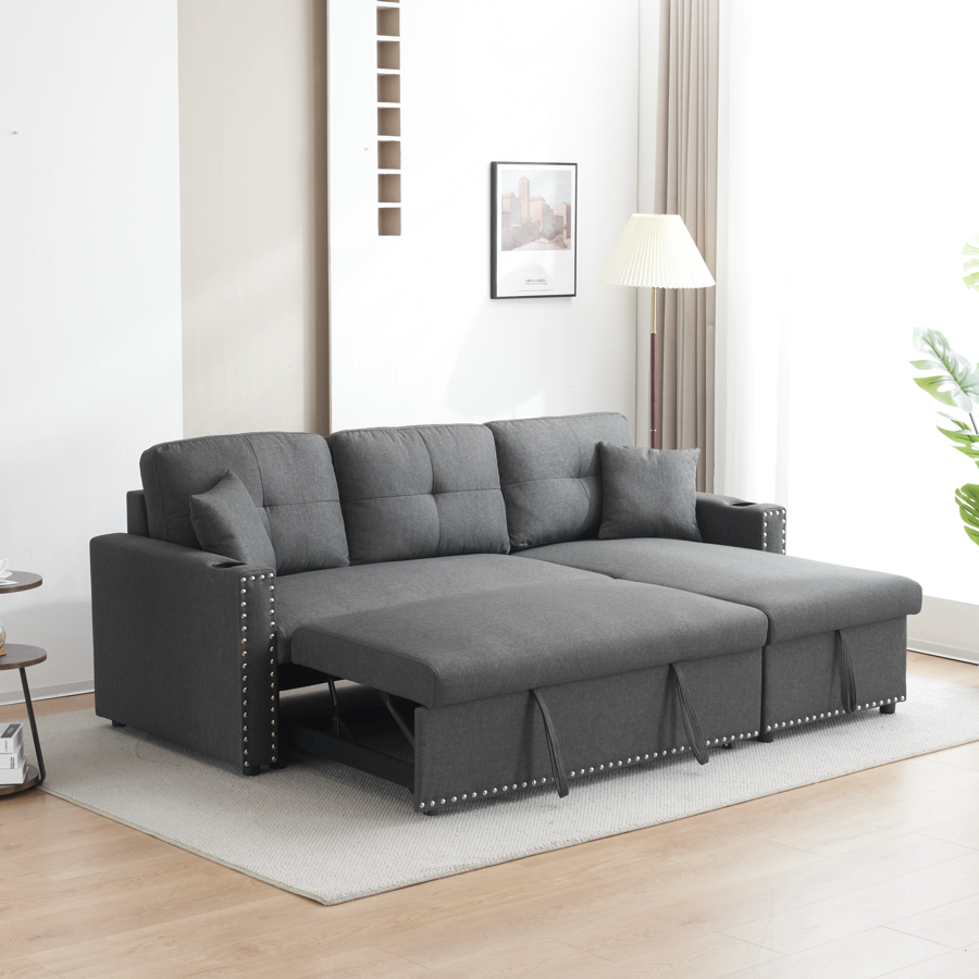Elise Convertible Sectional Sofa Bed with Storage Chaise – Pull-Out Sleeper Couch with Cupholder, Decorative Rivets & Plush Cushions