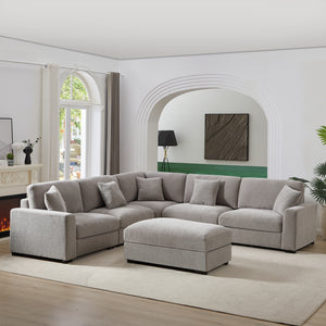 Avery Modular Sectional Sofa with Ottoman – Upholstered Couch with Removable Cushions, Solid Wood Legs & Tailored Stitching