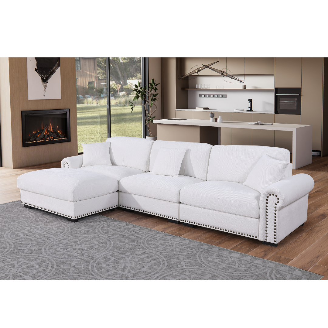 Oliver Modular Sectional Sofa with Nailhead Trim, Reversible Ottoman & Armless Chair – High-Density Foam Cushions & Pocket Spring Support