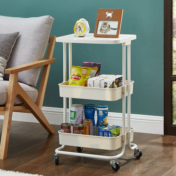 White 2-Tier Rolling Utility Cart with Mesh Storage & Tabletop – Compact Organizer with Wheels for Home & Office
