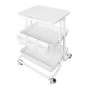 White 2-Tier Rolling Utility Cart with Mesh Storage & Tabletop – Compact Organizer with Wheels for Home & Office
