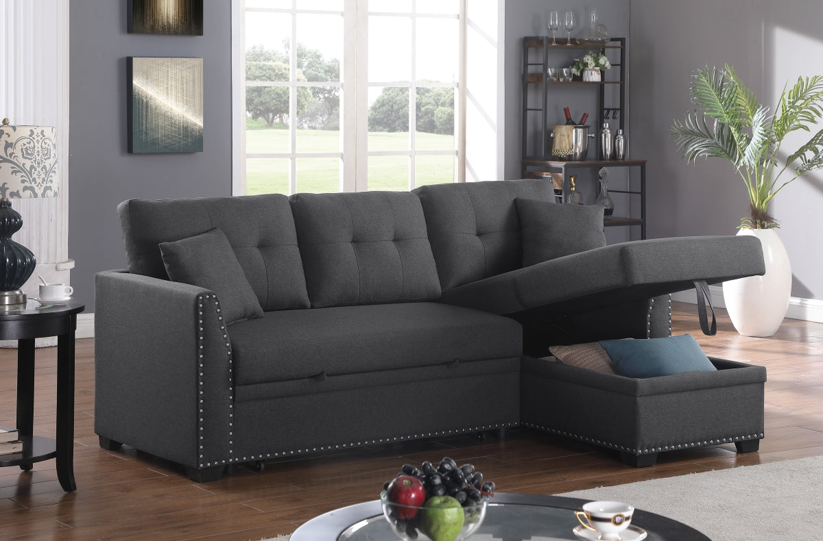 Alma Sleeper Sectional Sofa with Storage Chaise – Convertible Full-Size Bed Couch with Nailhead Trim, Inner Spring Cushions & Compact Design