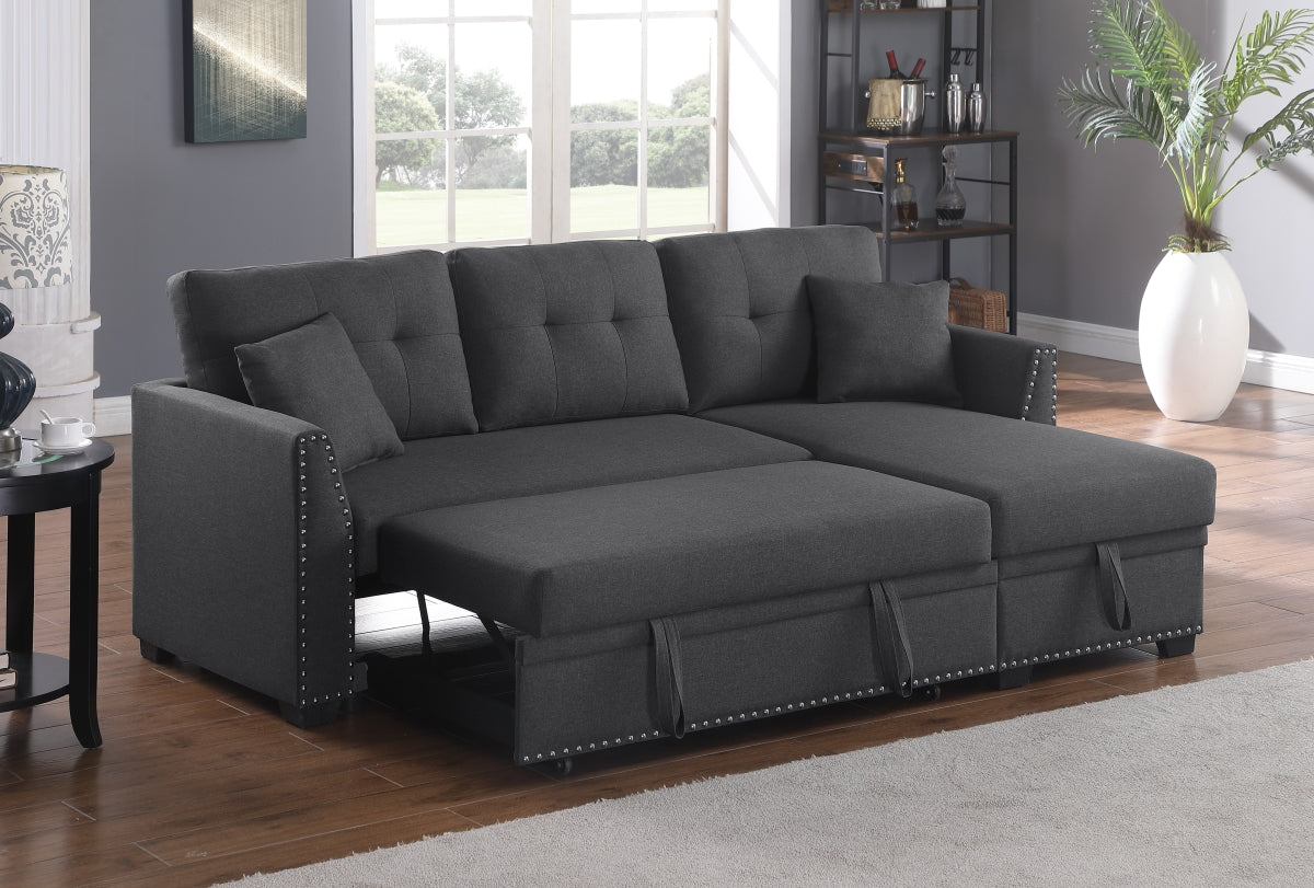 Alma Sleeper Sectional Sofa with Storage Chaise – Convertible Full-Size Bed Couch with Nailhead Trim, Inner Spring Cushions & Compact Design