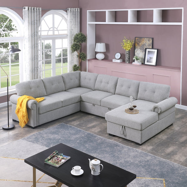 Monroe Sectional Sofa with Pull-Out Bed & Storage Chaise – 6-Seat Charcoal Couch with Plush Cushions, Solid Wood Frame & Soft Upholstery