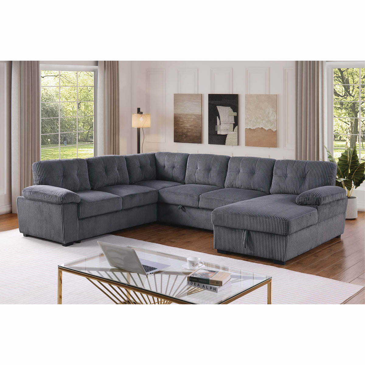 Shin Modern Corduroy Sleeper Sofa Bed With Storage Chaise