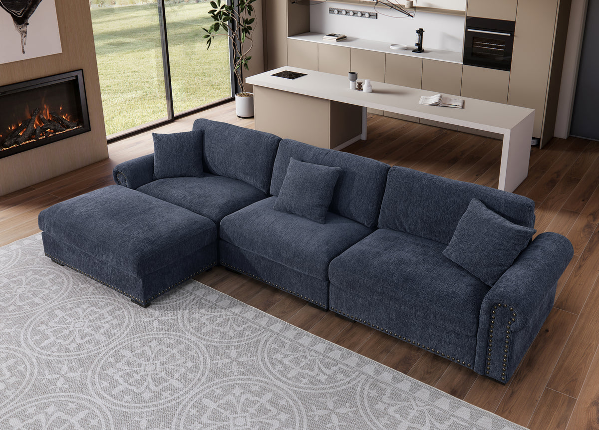 Oliver Modern Style Upholstered Wide Modular 3-Seat with Ottoman