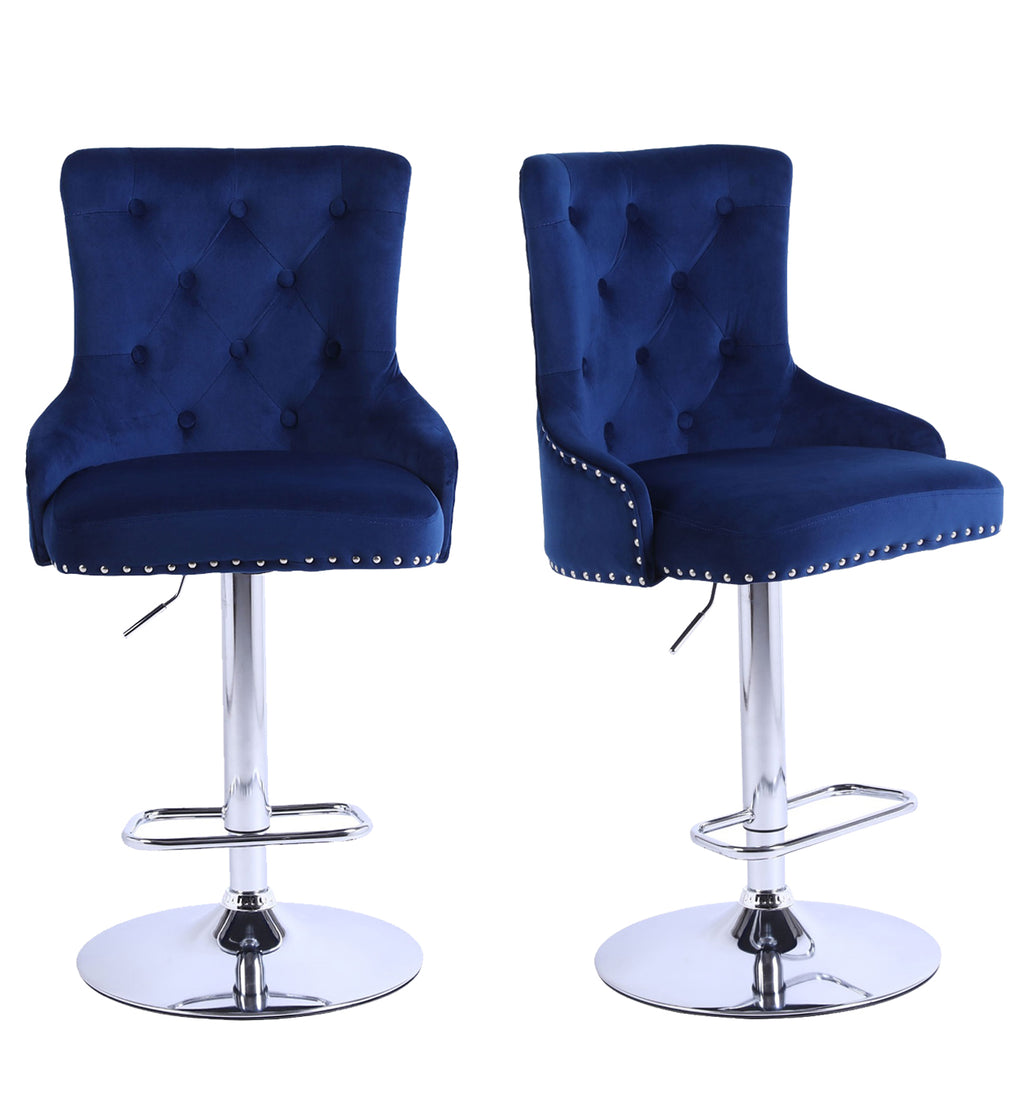 Set of 2 Modern Velvet Bar Stools – 360° Swivel with Footrest, Tufted ...