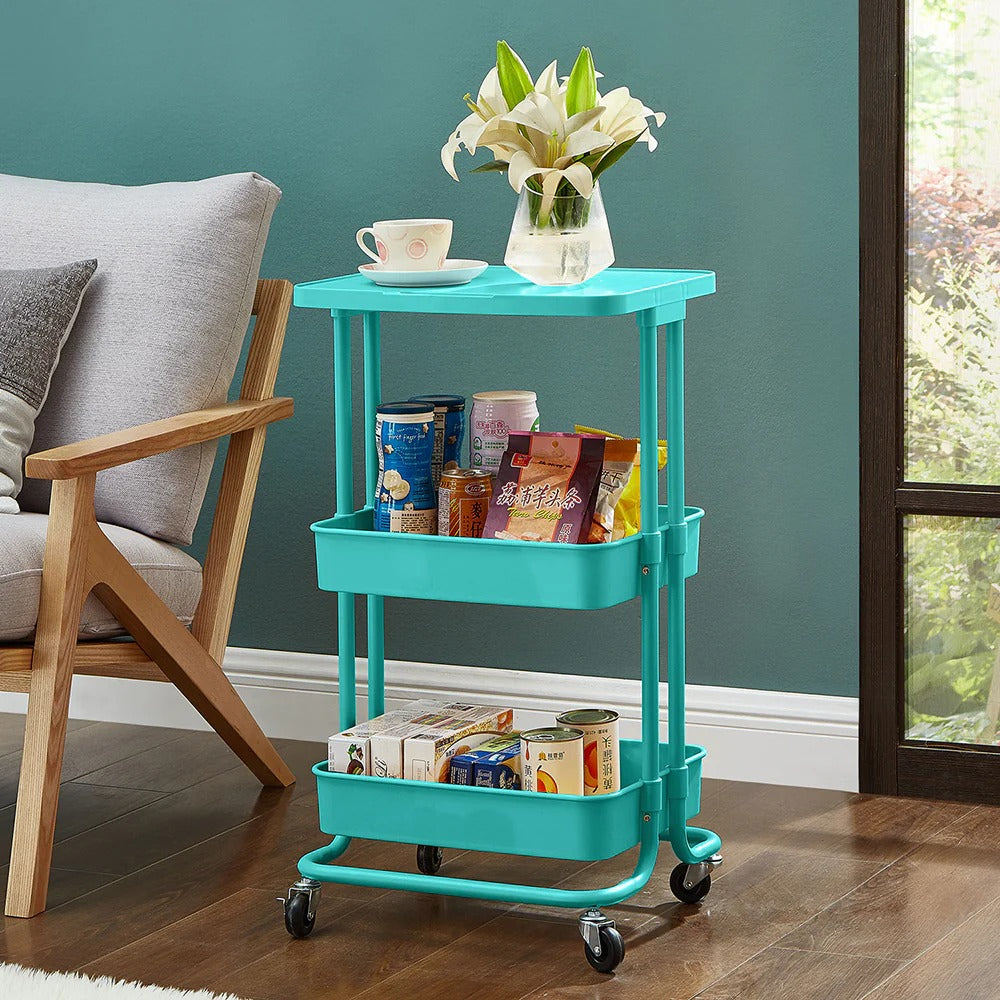 White 2-Tier Rolling Utility Cart with Mesh Storage & Tabletop – Compact Organizer with Wheels for Home & Office