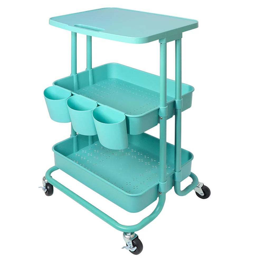 White 2-Tier Rolling Utility Cart with Mesh Storage & Tabletop – Compact Organizer with Wheels for Home & Office