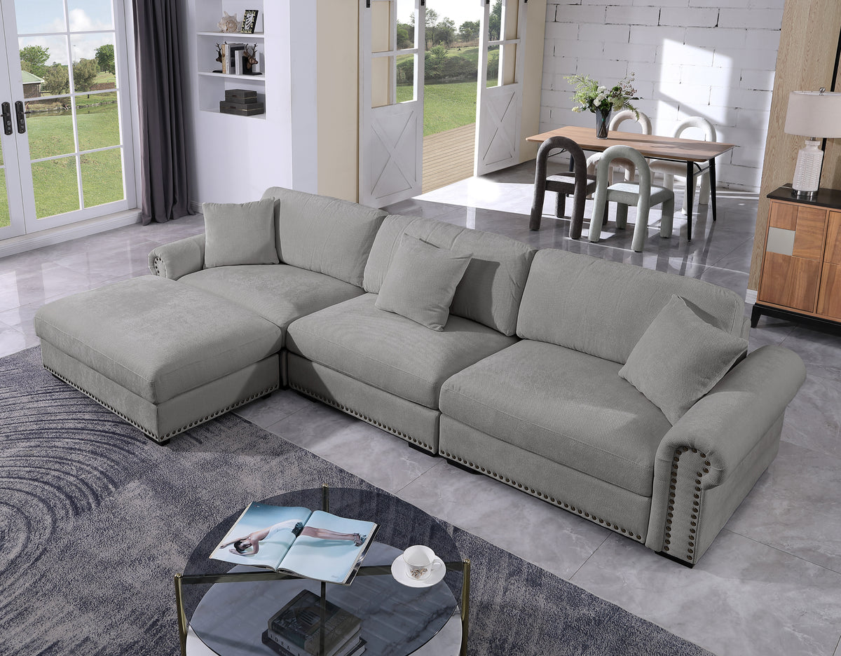 Oliver Modern Style Upholstered Wide Modular 3-Seat with Ottoman